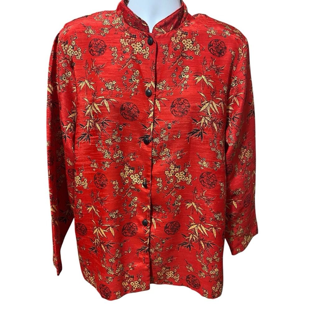 Vintage Teddi Blouse Shacket Womens XL Red Floral Button Asian Mandarin Collar